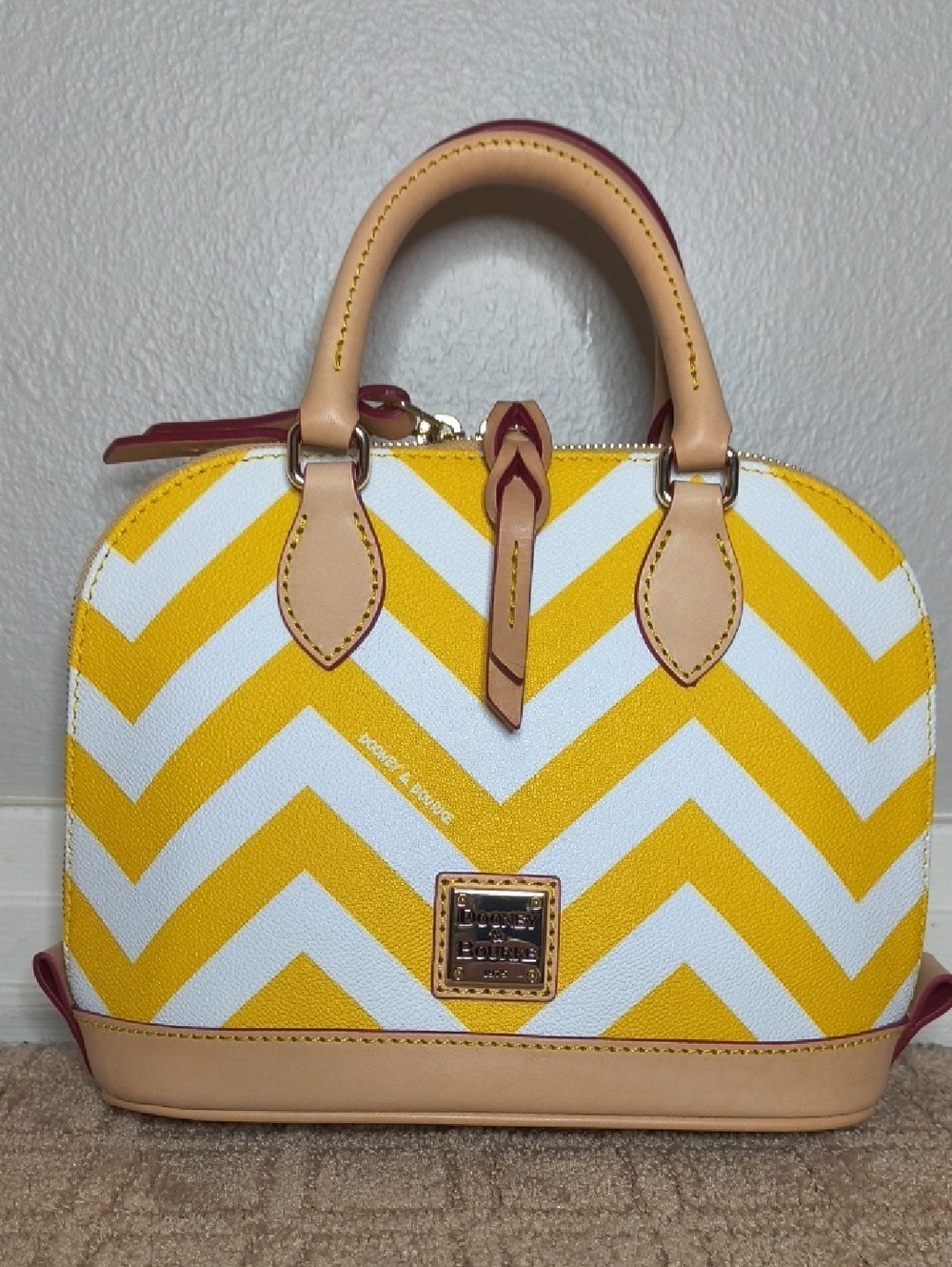 Dooney & Bourke Yellow and White Chevron Dome Satchel with Tan Trim